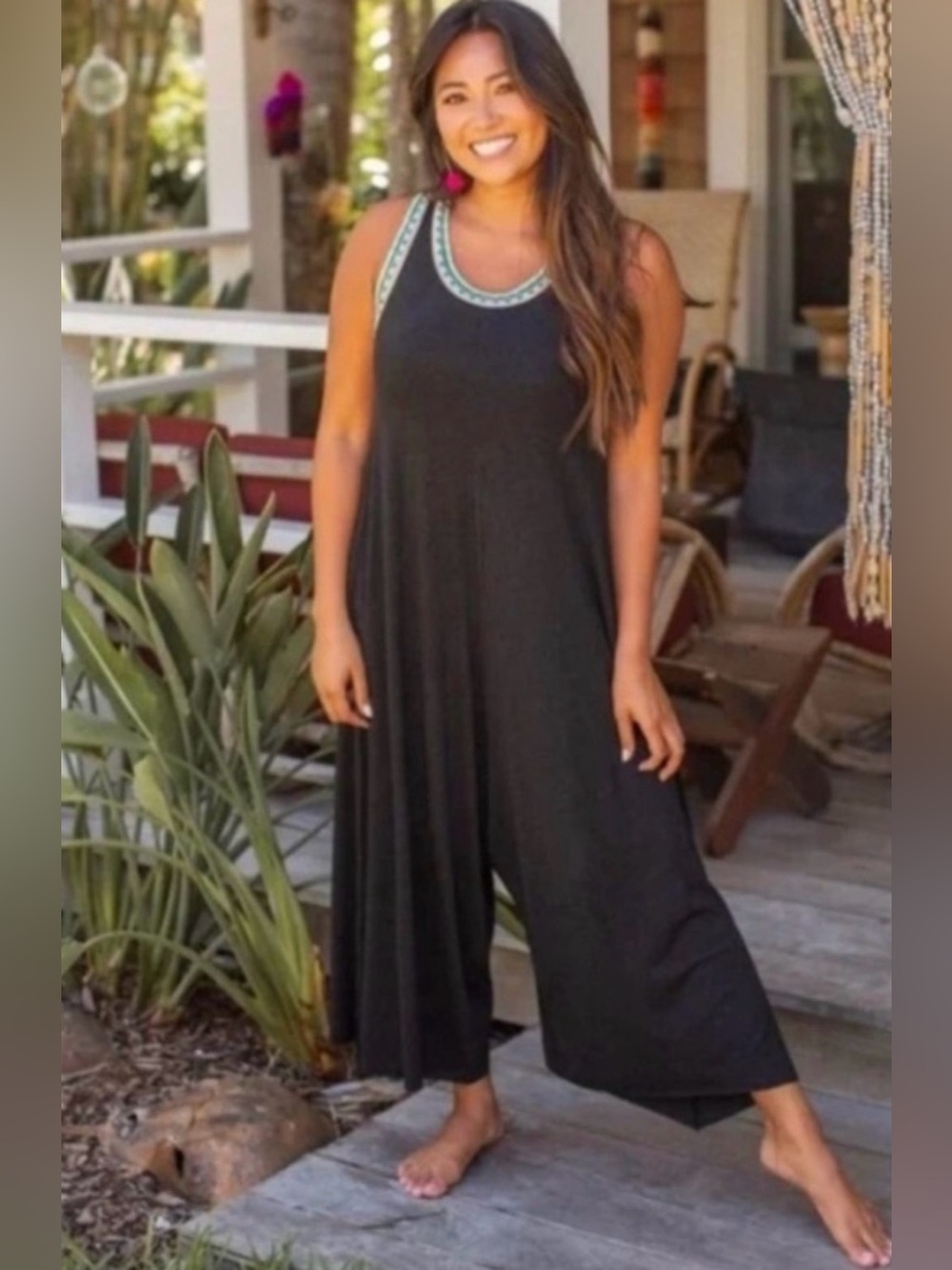 NATURAL LIFE Charcoal Willow Jumpsuit with Teal and Cream Trim Boho Wide Leg